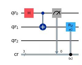 Circuit Circuit preparing a Bell state and applying an R_Z rotation depending on the measurement outcome.